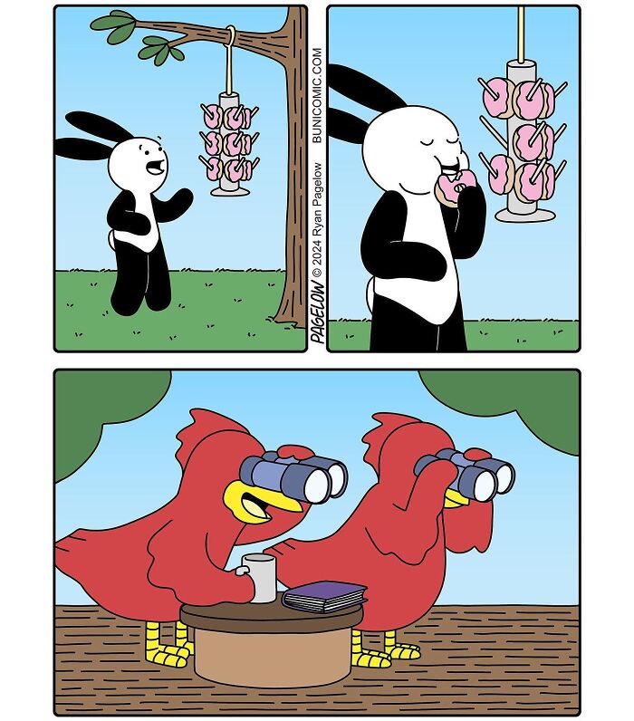 Cute comic strip with a bunny eating pink birds from a feeder while two red birds watch with binoculars nearby.