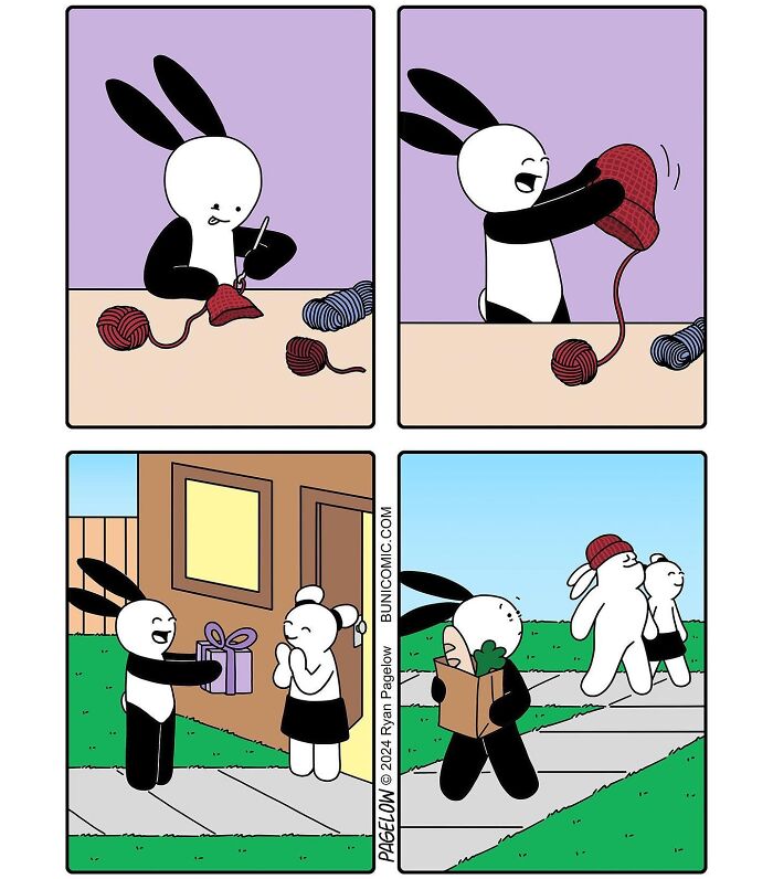 Cute comic panels by Buni featuring a bunny knitting, gifting, and wearing a red hat with unexpected outcomes.