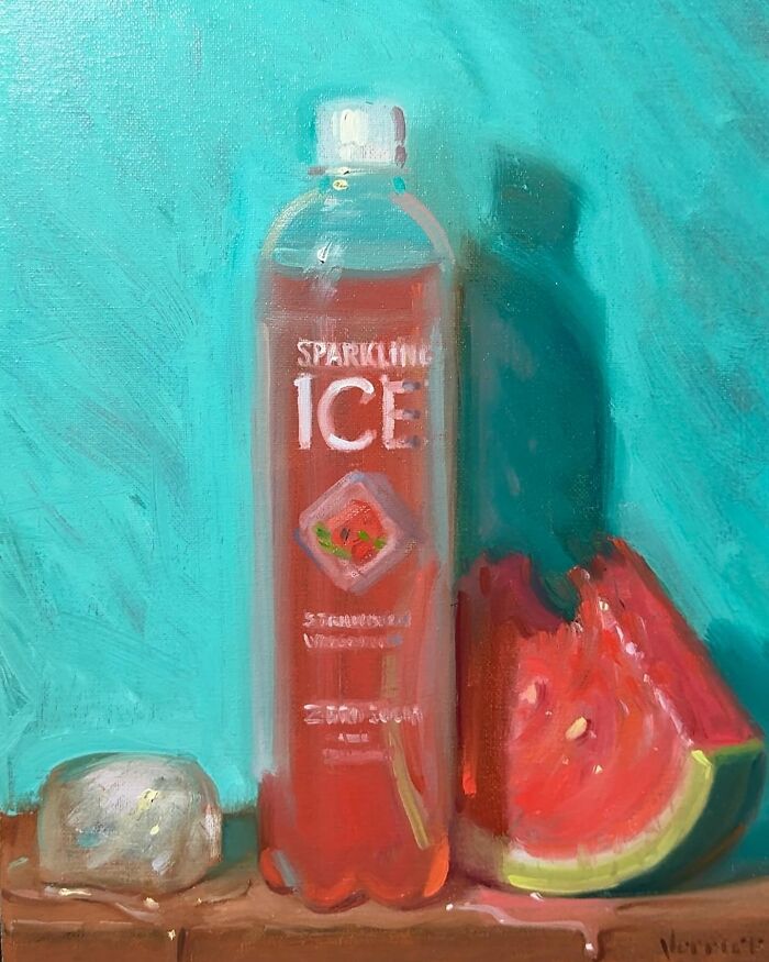 Painting of modern-day fast food sparkling water and watermelon slice with classical art style and textured brushstrokes.