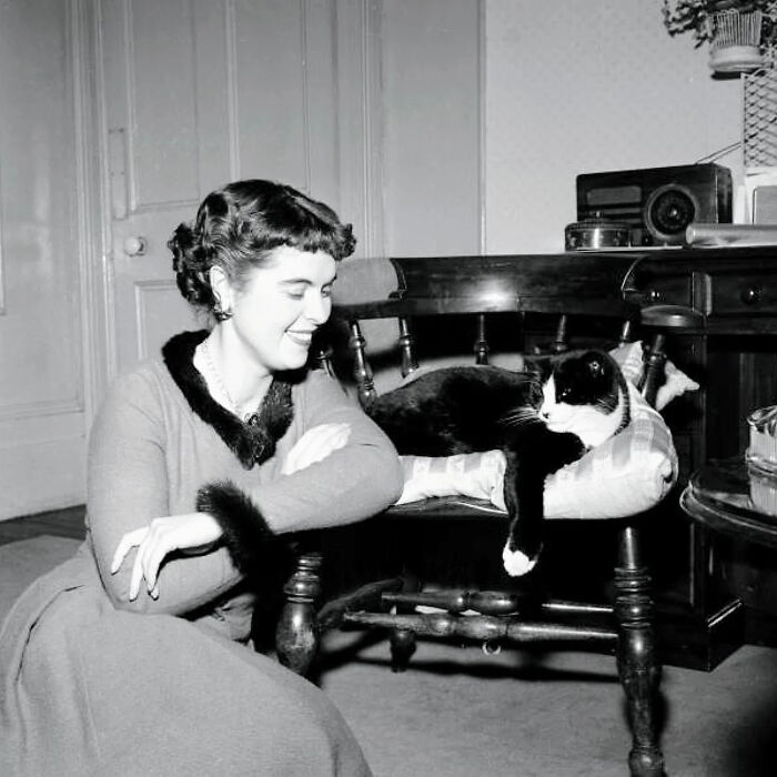 Woman smiling at a vintage black and white cat resting on a chair, showcasing timeless feline charm in history.