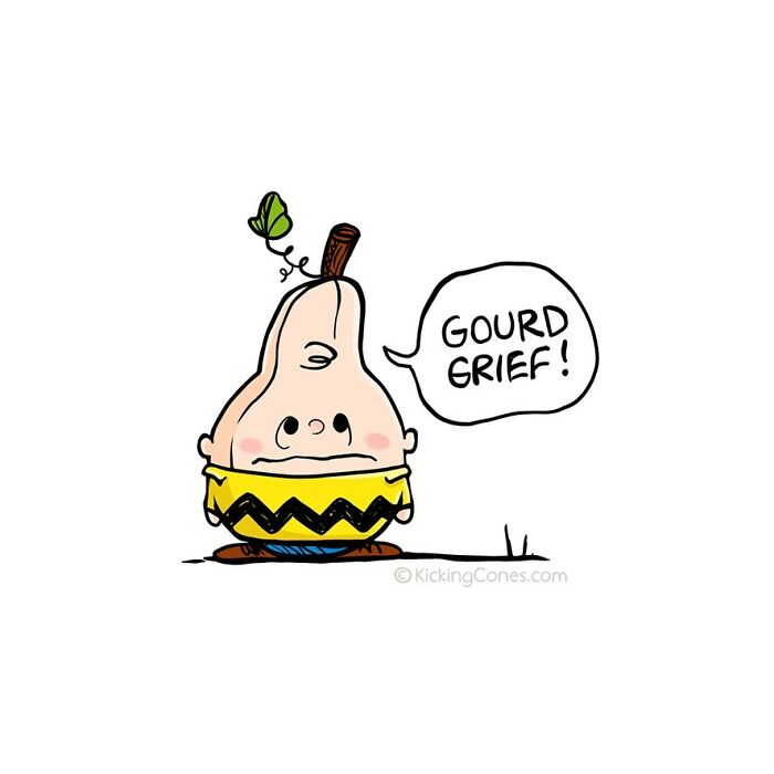 Wholesome wordplay illustration of a sad gourd character wearing a zigzag shirt, blending cute humor and unexpected characters.