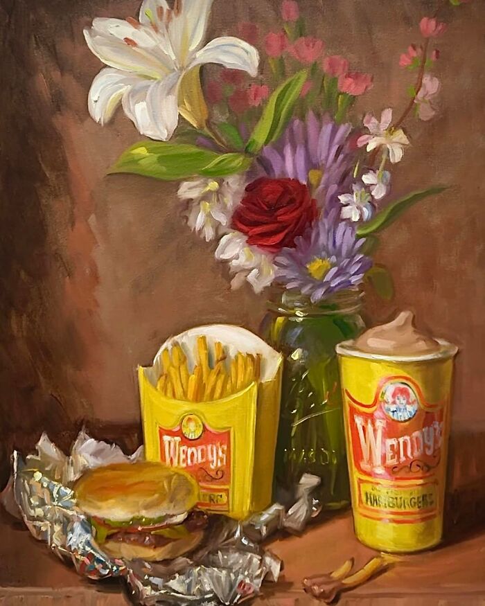 Classical art style painting of Wendy’s fast food meal with fries, burger, drink, and flowers in a jar on a wooden table.