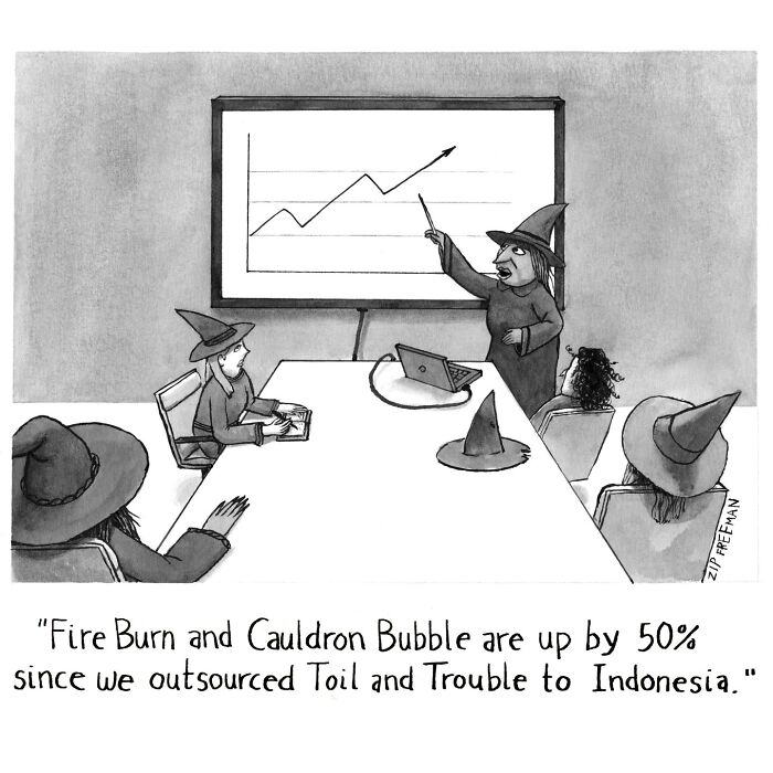 Comic showing witches in a meeting with a chart, capturing relatable moments in modern life and work culture.