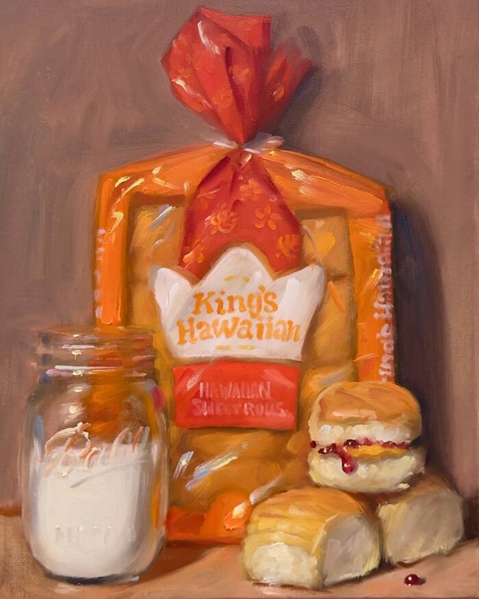 Painting of modern-day fast food featuring King's Hawaiian sweet rolls and a jar in a classical art style.