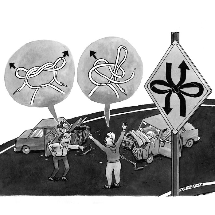 Black and white comic showing two drivers arguing after a car crash, illustrating relatable moments in modern life.