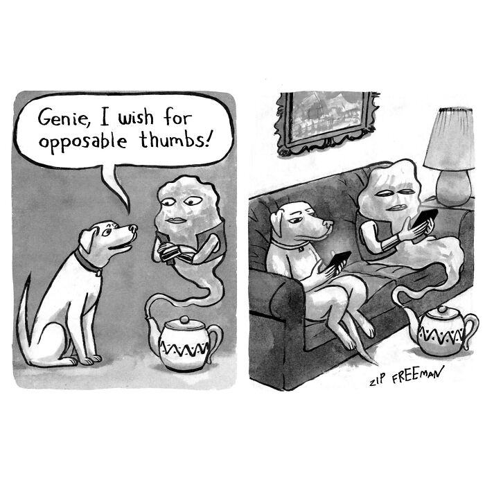 Comic by artist capturing relatable moments of a dog wishing for opposable thumbs, highlighting modern life humor.