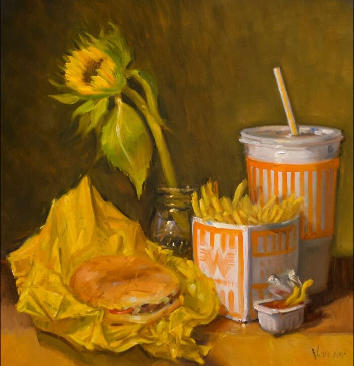 Still life painting of modern-day fast food with a burger, fries, drink, and sunflower in a classical art style.