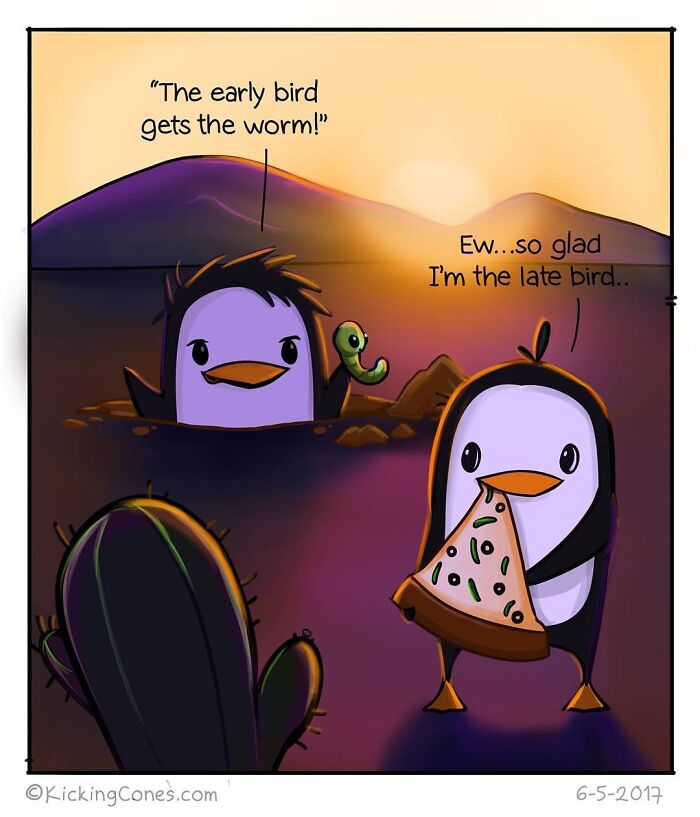 Comic illustration of two birds at sunset, one holding a worm, the other enjoying pizza in a relatable moment.
