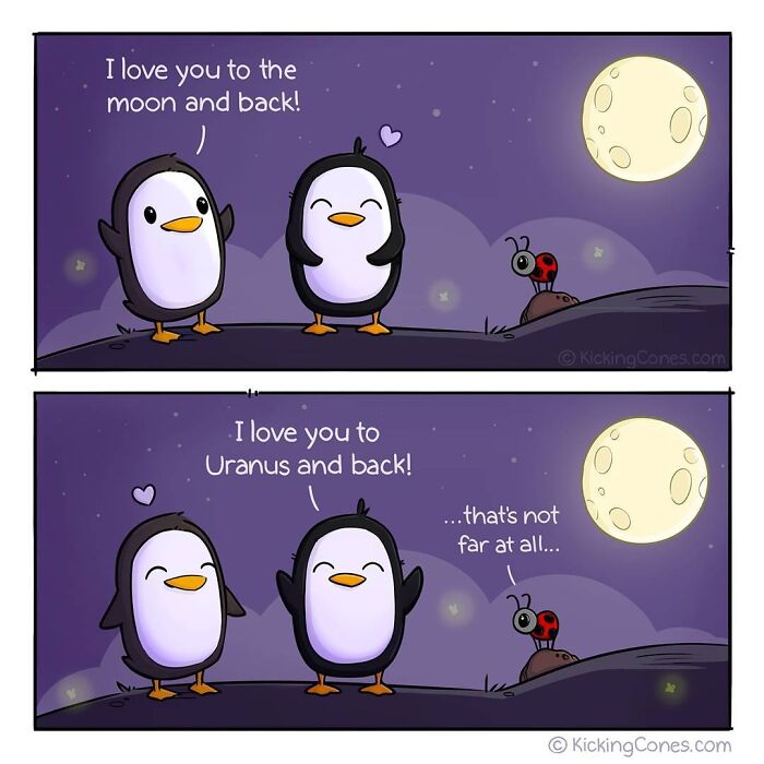 Two penguins in a comic sharing silly, relatable love quotes under the moon with a ladybug nearby.