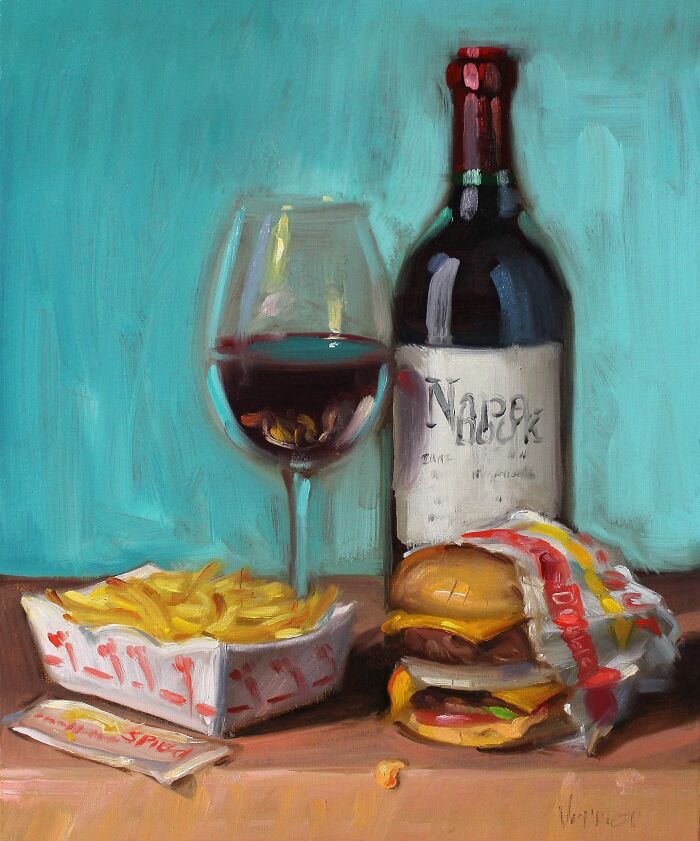 Still life painting of modern-day fast food with a burger, fries, wine glass, and bottle portrayed through a classical art lens.