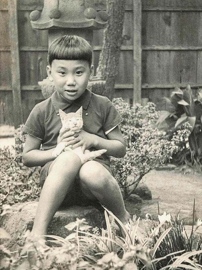 Vintage photo of a boy sitting in a garden holding a cat, showcasing timeless feline charm and classic pet companionship.