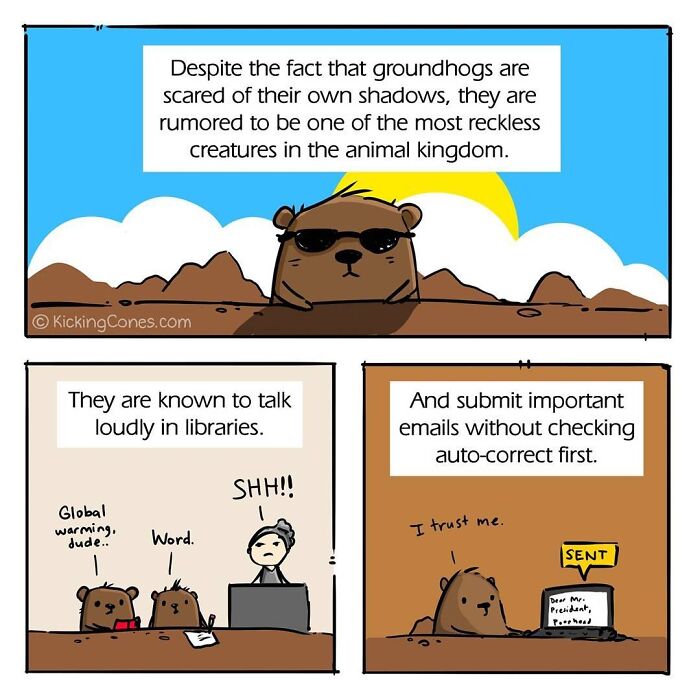 Comic panels featuring a groundhog illustrating silly and relatable moments in an artist made 36 comics series.