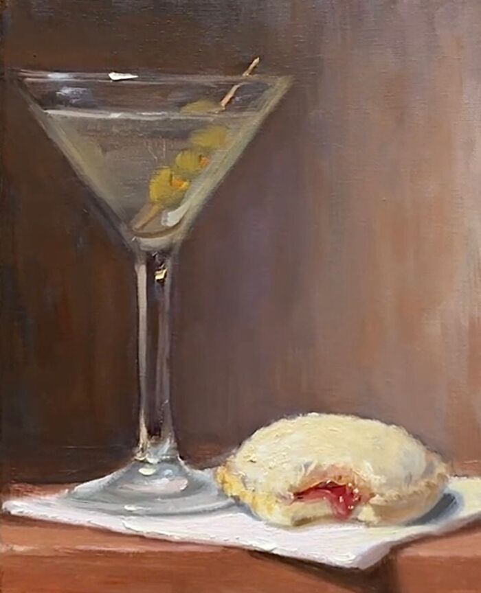 Martini glass with olives and a half-eaten fast food sandwich depicted in a classical art style painting.