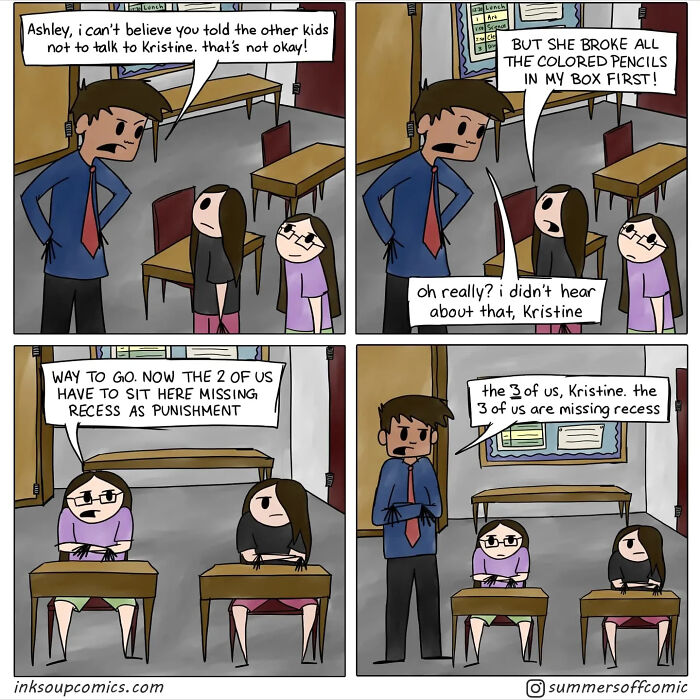 Comic strip showing a teacher dealing with kids' conflict, capturing the chaos and workload of teaching.