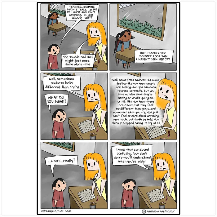 Comic panels of a teacher explaining emotional sadness to a student, illustrating new teacher comics about workload and classroom chaos.