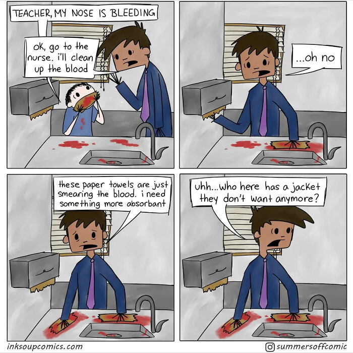 Teacher comic showing a chaotic classroom moment with a nosebleed and the teacher managing the mess and students.