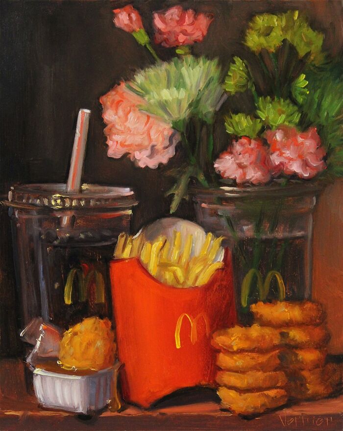 Oil painting of modern-day fast food including fries, nuggets, and soda portrayed through a classical art lens with flowers in the background.