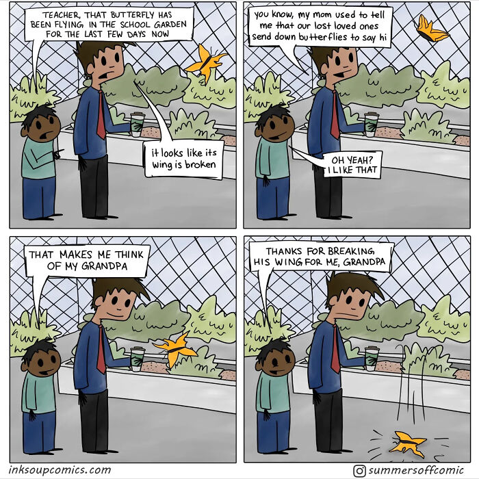 Comic strip showing a teacher and student talking about a butterfly, capturing new teacher comics about kids and chaos.