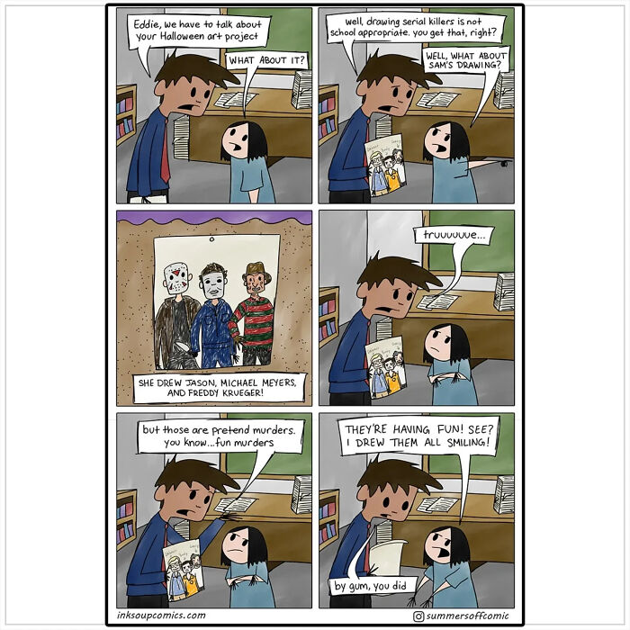 Teacher and student discussing Halloween art project showing workload, kids, and classroom chaos in a comic strip.