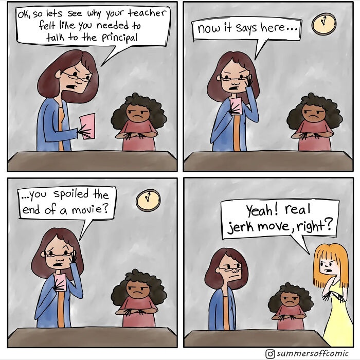 Teacher comic showing a conversation about a student spoiling a movie, capturing the workload and chaos of teaching.
