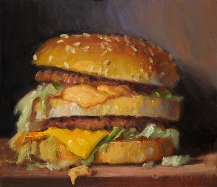 Oil painting of a classic fast food burger, blending modern-day fast food with a classical art style.
