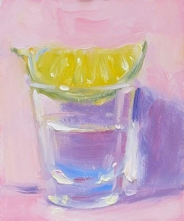 Classical art style painting of a glass with a lemon wedge, portraying modern-day fast food imagery.