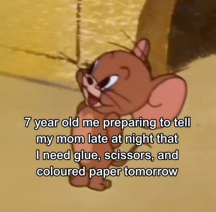 Jerry mouse looking nervous with text about preparing to ask mom for school supplies, a relatable meme moment.
