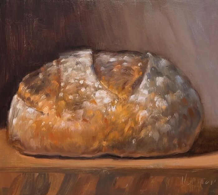 Oil painting of rustic bread illustrating modern-day fast food through a classical art lens with rich texture and warm tones.