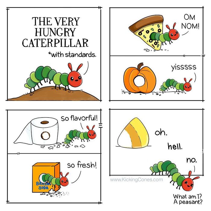 Comic strip featuring a hungry caterpillar eating various items, showcasing silly and relatable artist-made comics.
