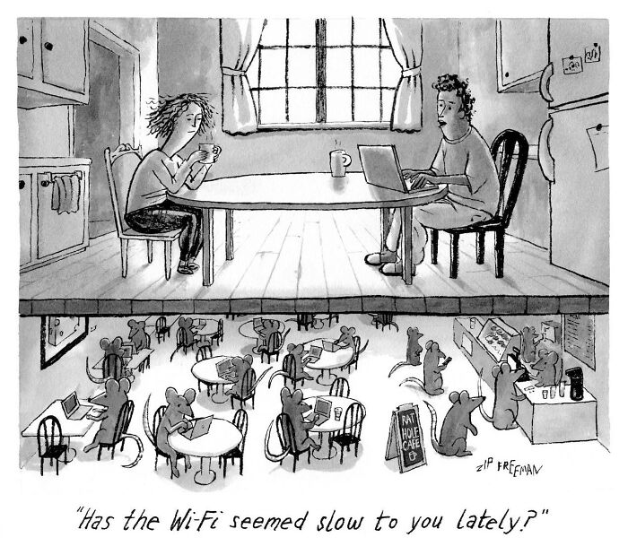 Black and white comic showing relatable moments in modern life with people and rats using slow Wi-Fi in different settings.
