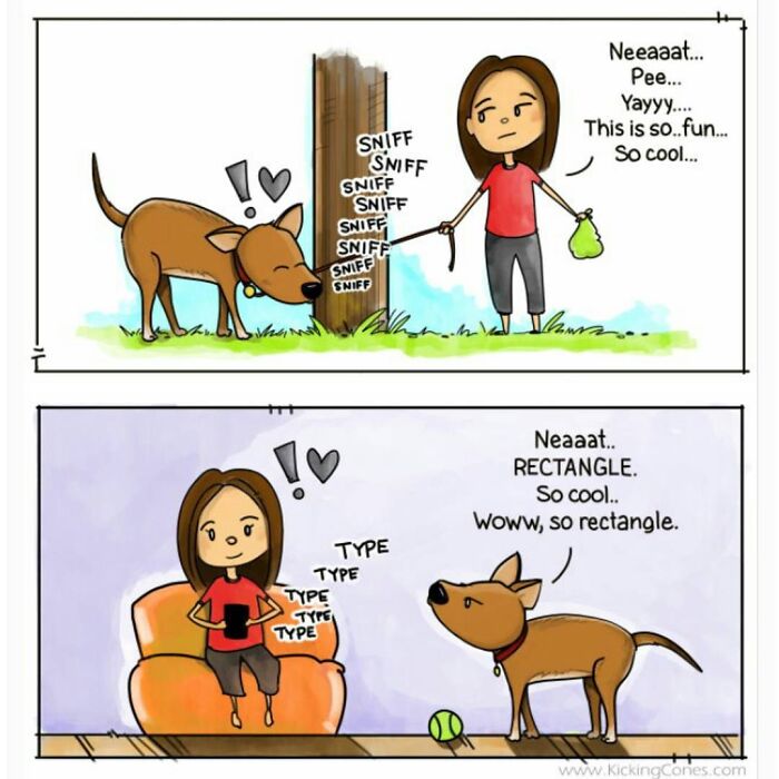 Comic panels showing a relatable and silly moment between a dog sniffing and reacting to everyday objects.