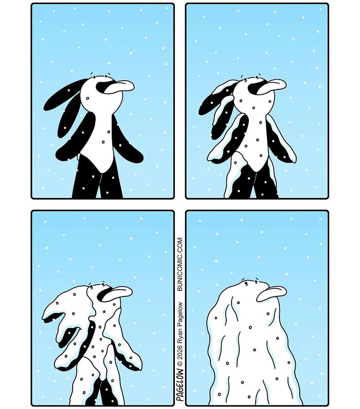 Cute comics character gradually covered in snowflakes until fully hidden in snow in a funny comic style by Buni.