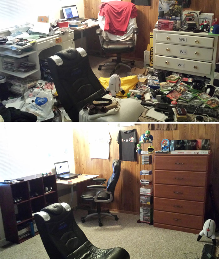 Before and after pics showing a messy cluttered room transformed into a clean and organized gaming and workspace area.
