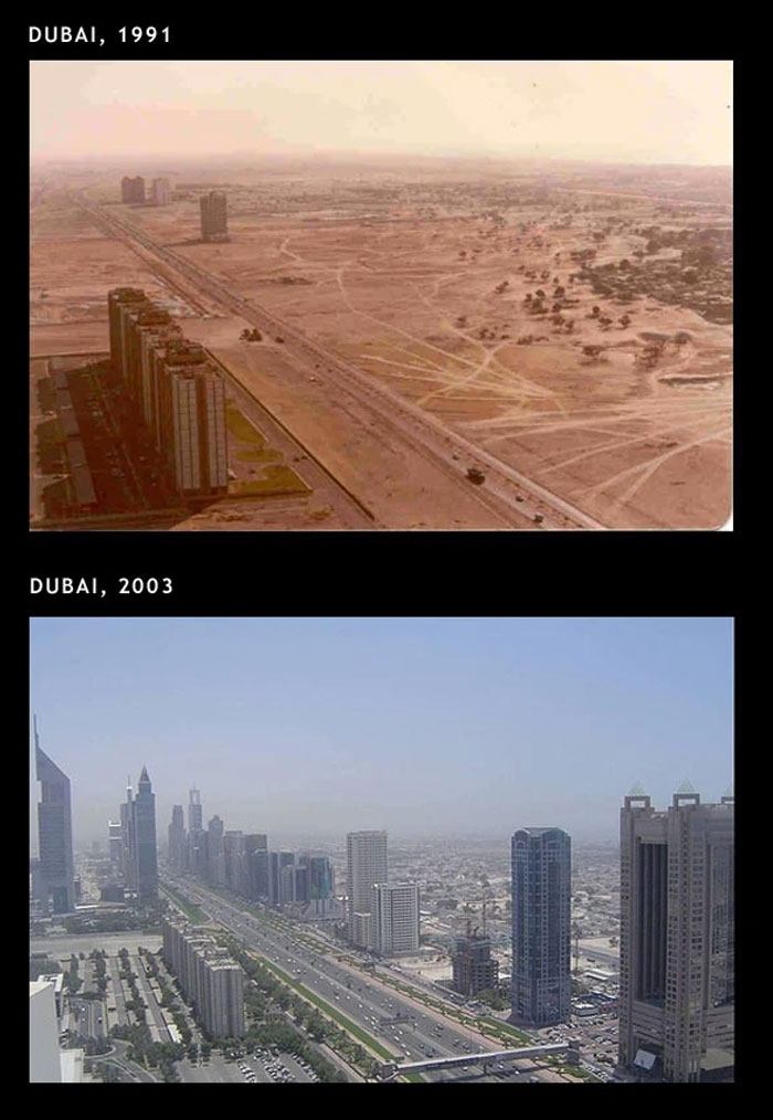 Dubai cityscape transformation dramatic before and after pics showing urban development from desert to skyscrapers.