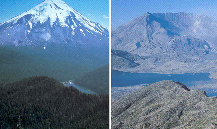 Dramatic before and after pics of a volcanic mountain showing a lush snow-capped peak and a barren, eroded landscape.