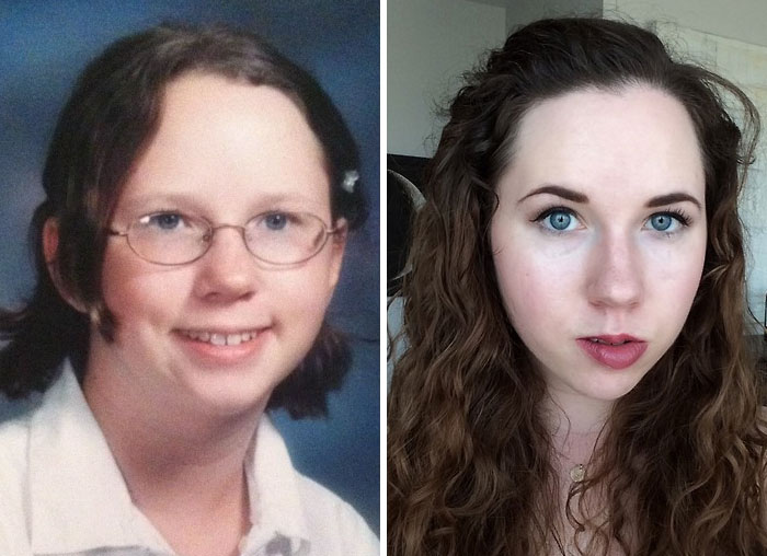 Side-by-side dramatic before and after pics showing a girl’s transformation with glasses and without, highlighting natural beauty.
