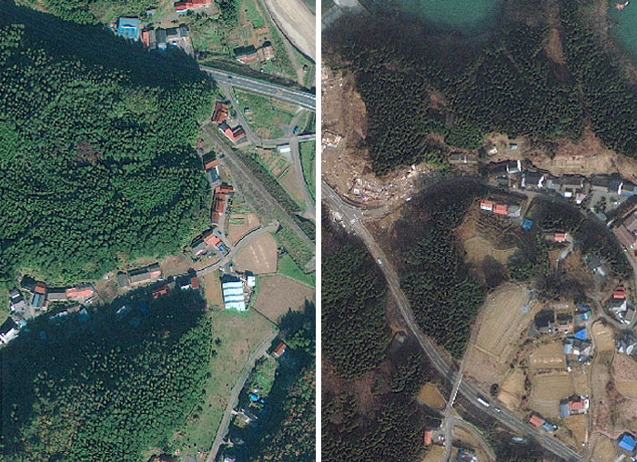 Aerial before and after photos showing dramatic changes in forest and rural land use over time.