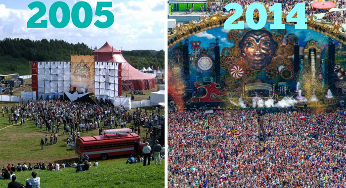 Outdoor music festival stage and crowd in 2005 compared to a much larger, more elaborate stage and crowd in 2014 before and after pics.