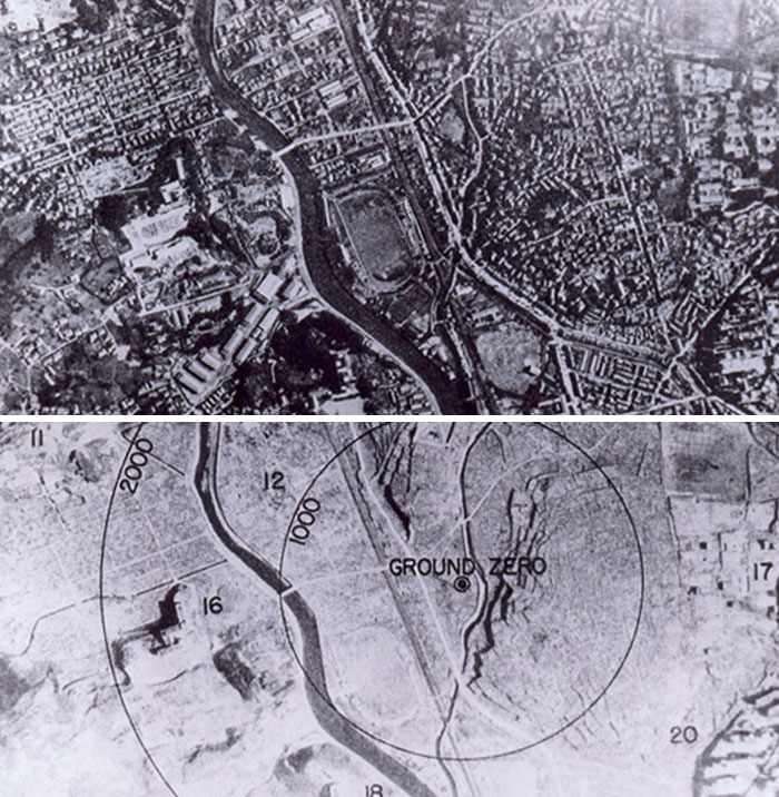 Aerial before and after pics showing dramatic changes with ground zero marked in the transformed landscape.