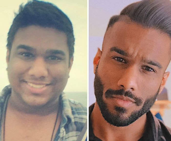 Dramatic before and after pics showing a young man’s transformation with grooming, hairstyle, and facial hair changes.