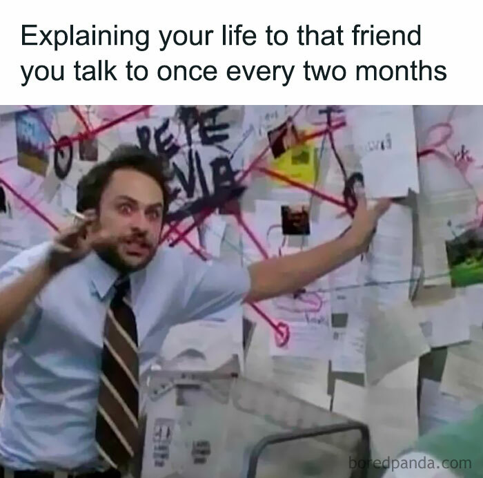 Man in shirt and tie explaining complex connections on a wall covered with papers, relatable introvert life meme.