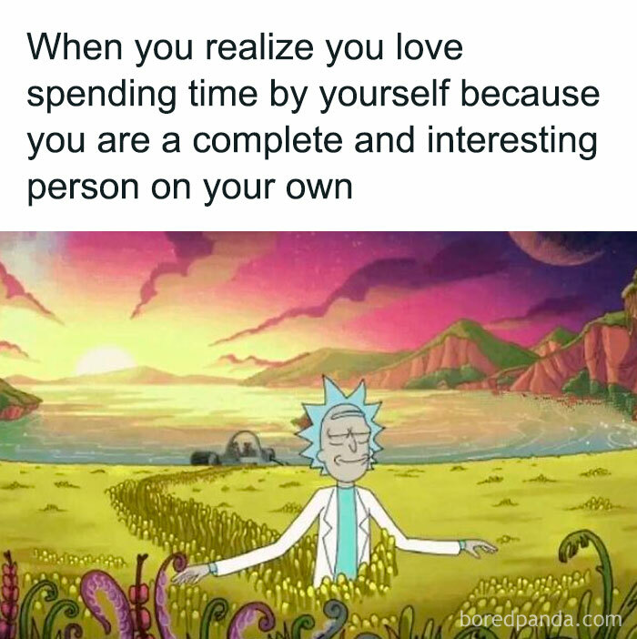 Cartoon character enjoying peaceful alone time in nature, illustrating relatable introvert memes about loving solitude and self-contentment.