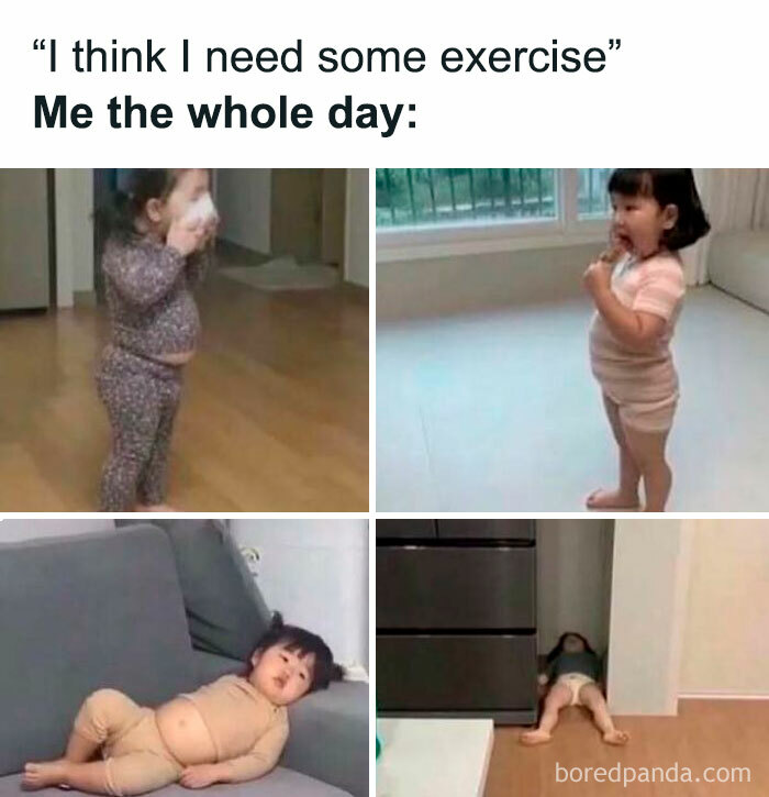 Child in various playful and lazy poses illustrating relatable memes about life as an introvert and low energy exercise habits.