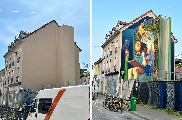 Before and after images showing realistic 3D murals painted on dull building walls transforming the urban space.