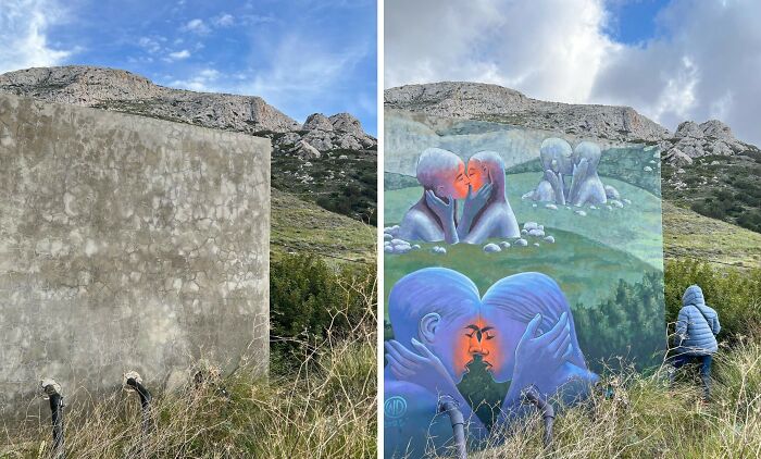 Before and after images of realistic 3D murals painted on dull building walls in a natural outdoor setting.