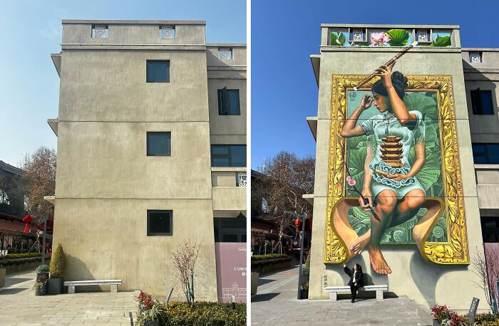 Realistic 3D mural painted on a dull building wall featuring a woman in a detailed artistic frame with vibrant colors.