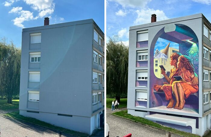 Side-by-side images showing a dull building wall transformed with a realistic 3D mural painting of children and animals.