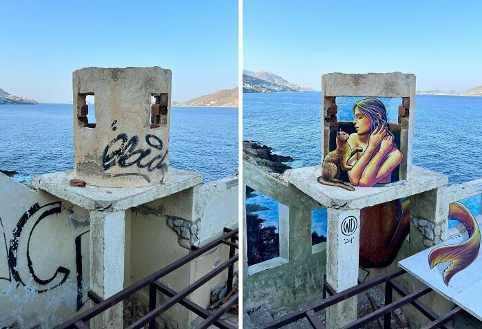 Before and after images showing realistic 3D murals painted on dull building walls by an artist near the sea.