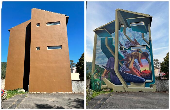Before and after view of an artist painting realistic 3D murals on a dull building wall under clear skies.