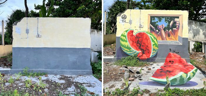 Before and after of realistic 3D mural painting of watermelons on a dull building wall in an outdoor setting.